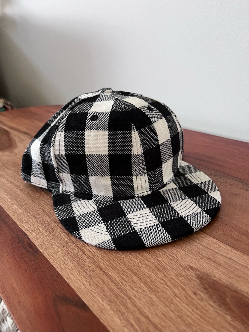 KB Ethos Buffalo Plaid Baseball Cap Black White Checkered Flat Brim‎ Hat Large